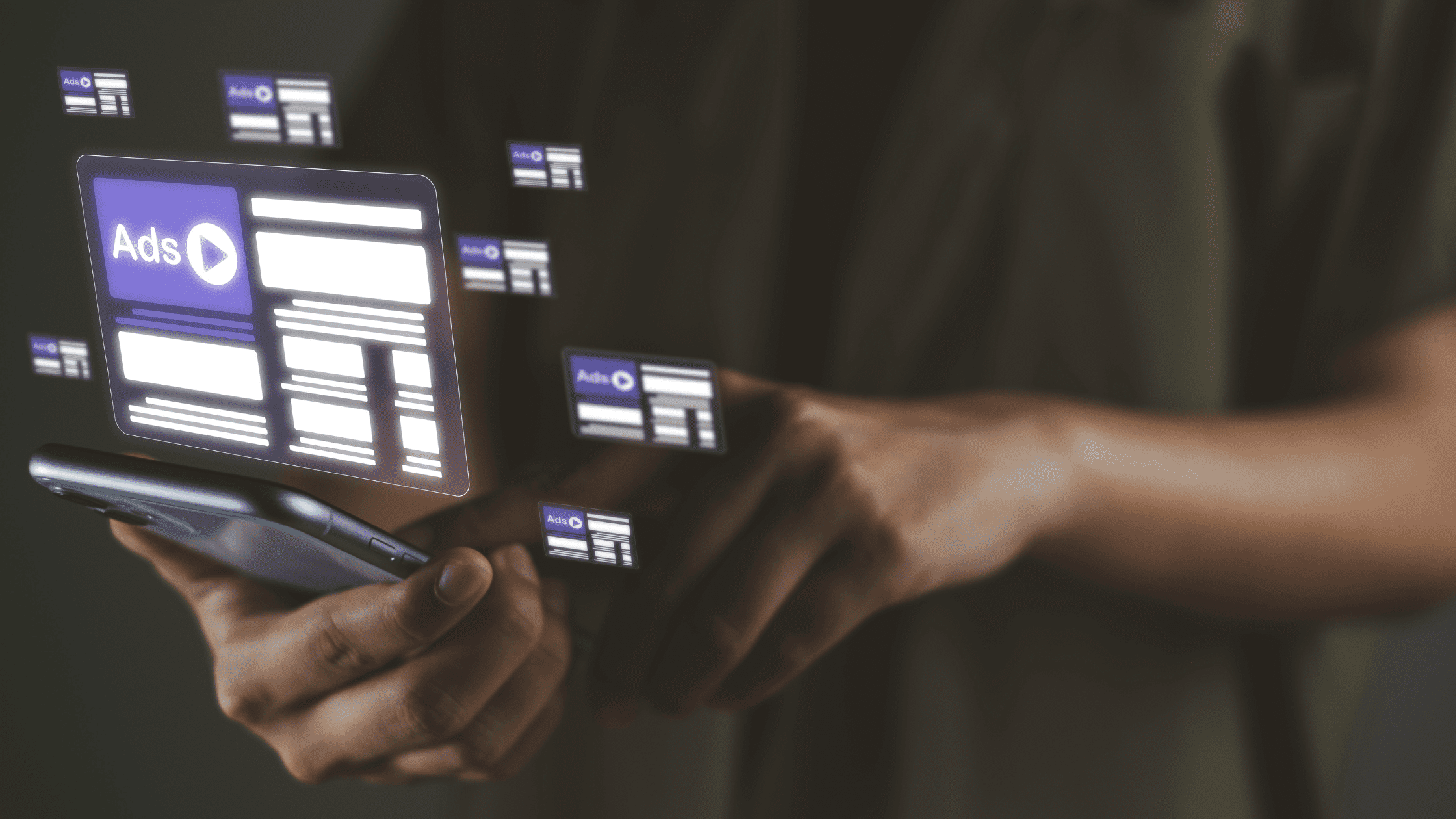 Person using smartphone with multiple digital display ads appearing across screens and platforms