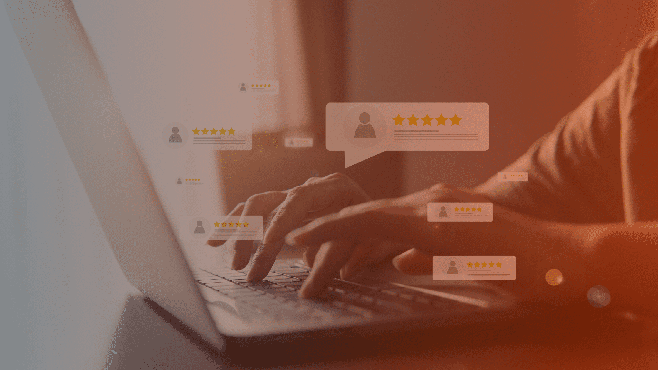 Person researching businesses online through reviews, ratings, and digital platforms