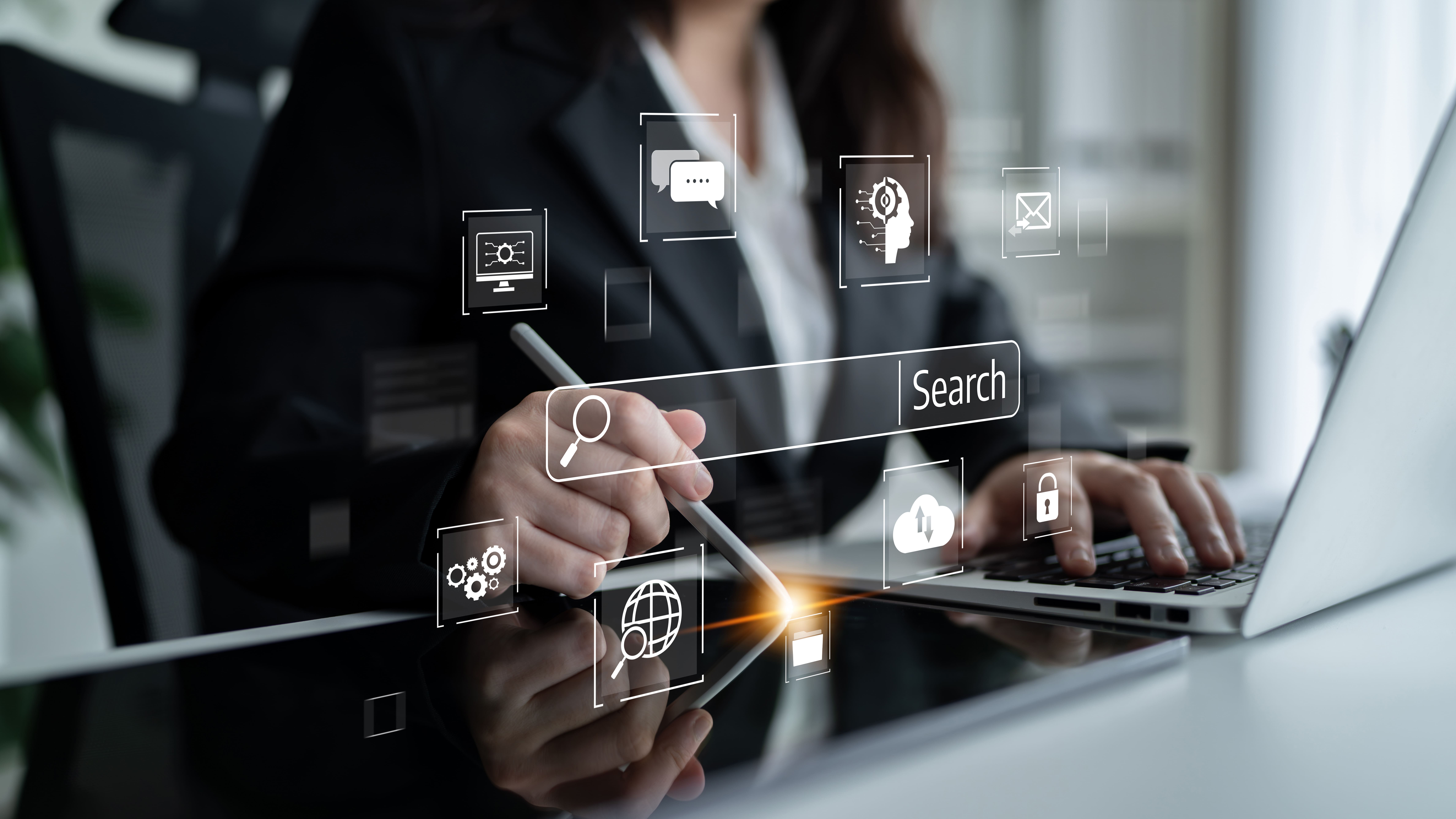Business searching across digital platforms including search engines, AI, websites, and cloud services, representing digital visibility for Chattanooga businesses.