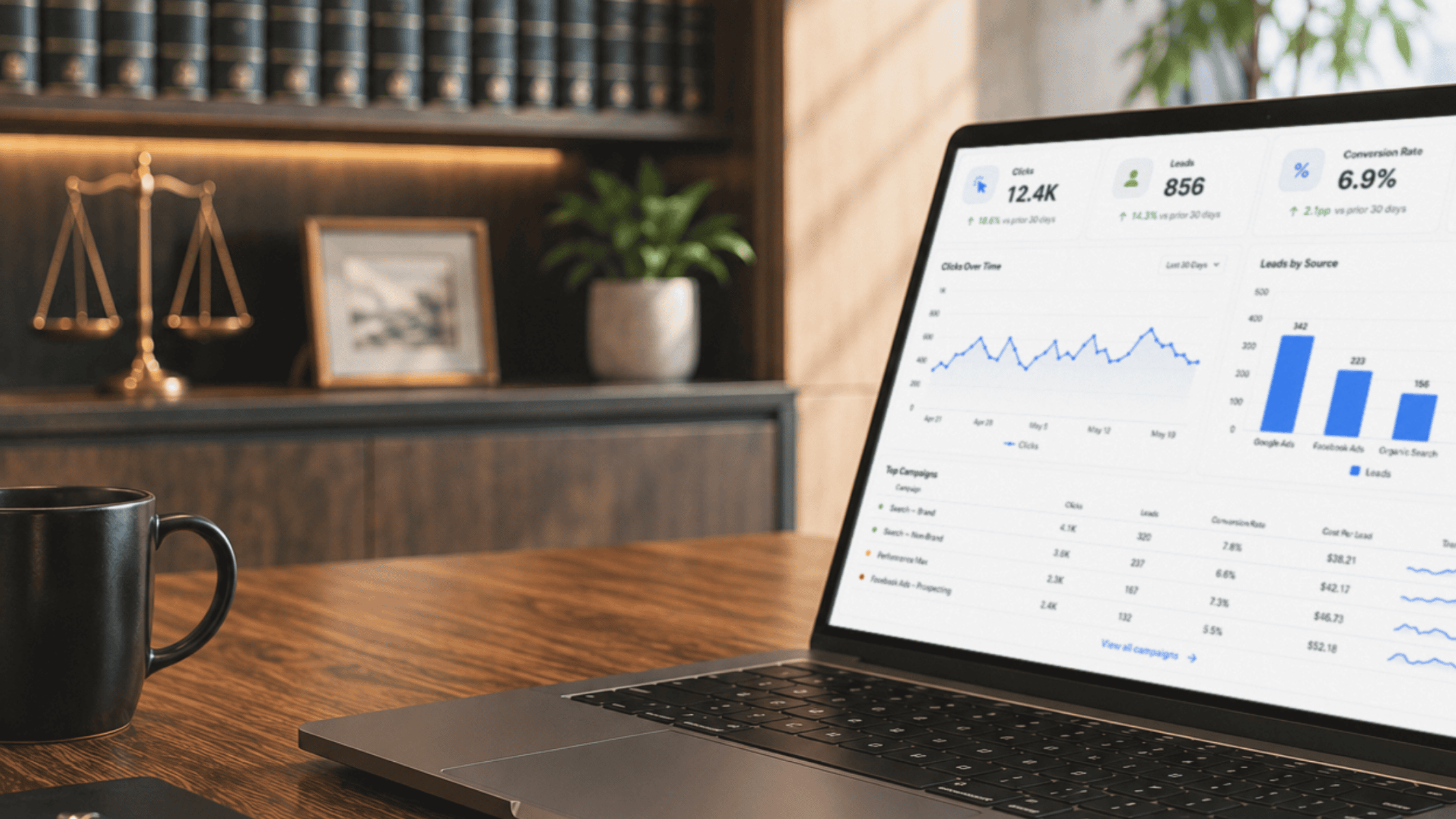 Law firm office with laptop displaying digital marketing analytics