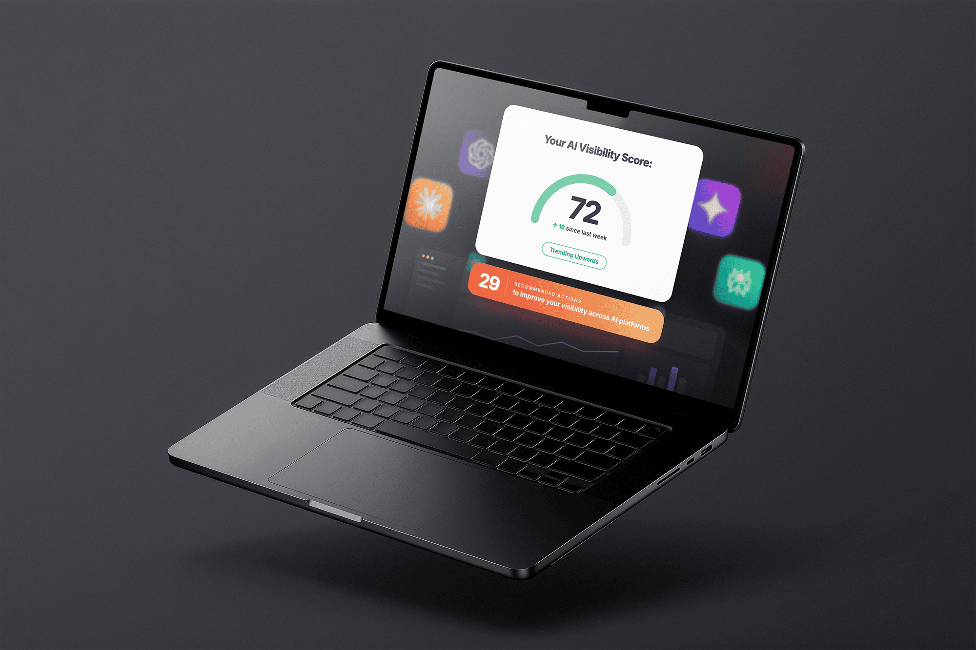 Laptop displaying an example AI visibility audit score with AI platform icons