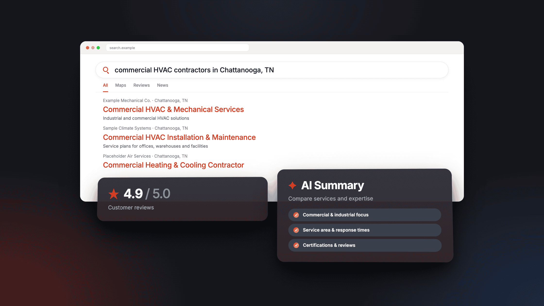 Illustration of Chattanooga B2B company research featuring search results, customer reviews, and an AI summary.